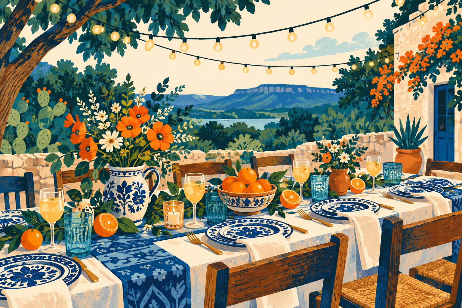Colorful illustration of a celebration table beneath string lights